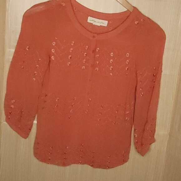 Staring At Stars Orange Embroidered Silky Button Front Blouse Small - Picture 1 of 7